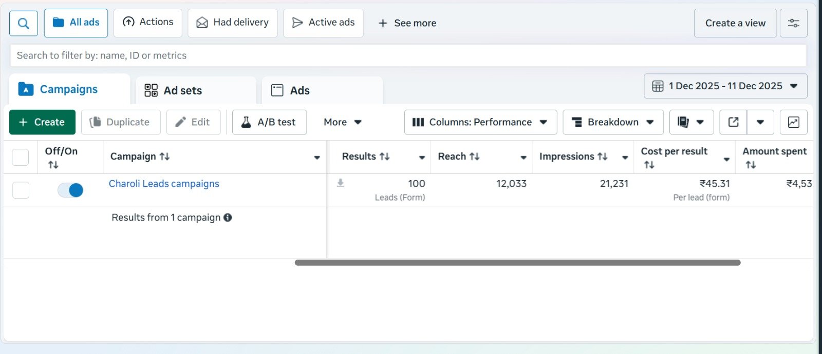 Meta ads dashboard screenshot
